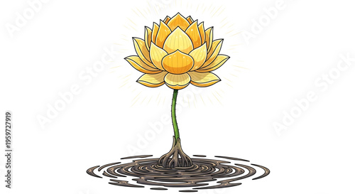 A vibrant yellow lotus flower illustration growing out of water with a white background