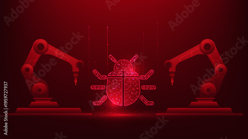 Cyber threat technology concept robotic arm generating virus symbols, representing AI-driven malware attacks, cyber threats, data breaches, hacking activity, digital security risks in modern networks.