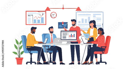 Collaboration and Strategy: A dynamic illustration depicting a collaborative brainstorming session, with diverse professionals engrossed in strategy discussion and data analysis.