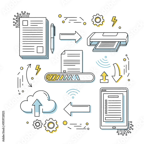 Digital document management workflow illustration showing cloud storage, data processing, printing, scanning, and mobile access for efficient business information systems