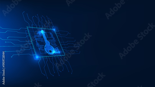 Quantum cybersecurity concept featuring a digital key integrated with circuit technology, representing advanced encryption, data protection, secure access, and next-generation cyber defense systems.