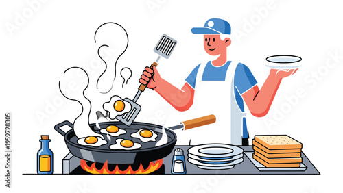 Culinary Maestro: A chef, expertly flipping eggs in a sizzling pan, exudes culinary mastery, ready to serve a delicious breakfast.