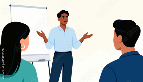 Man stands presenting to two attentive listeners. He gestures open-handed, smiling warmly. The setting is a simple, bright meeting room. Whiteboard stands behind him, blank and ready