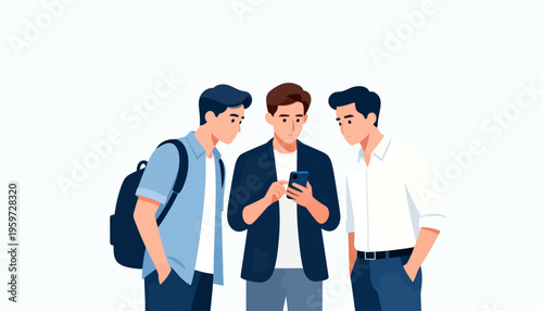 Three young men stand together. One holds a phone, showing something to the others. They appear curious and engaged. This moment captures casual interaction. Ideal for themes of connection or sharing
