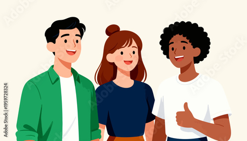 Three friends smile warmly, radiating joy and positivity. One friend gives a thumbs-up, signaling approval and friendship. Their cheerful expressions suggest unity and mutual support