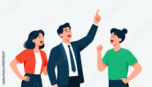 Three animated people celebrate enthusiastically. Man gestures upward, pointing excitedly. Women smile brightly, matching his energy. They appear joyful, united, and inspired. Ideal for team success