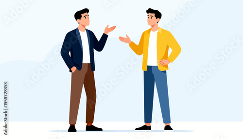 Two men stand facing each other, gesturing in conversation. One man wears a navy blazer, the other a bright yellow jacket. They appear engaged, possibly debating or brainstorming