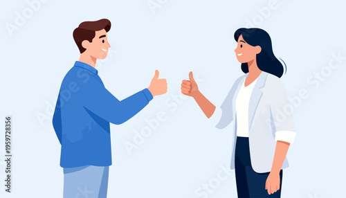 Two people gesture approval with raised thumbs. Their smiles convey mutual satisfaction and positivity. Ideal for team success, customer approval, or positive feedback scenes