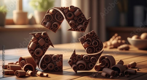 A chocolate sculpture of an arrow with a recycle symbol, made from chocolate bars and curls.