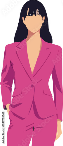Minimalist Illustration of a Stylish Woman in a Vibrant Pink Power Suit.
