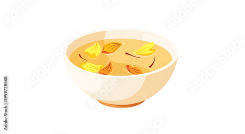 A vector graphic illustration of a bowl of tea with spices and herbs floating on top, perfect for culinary or beverage-related designs