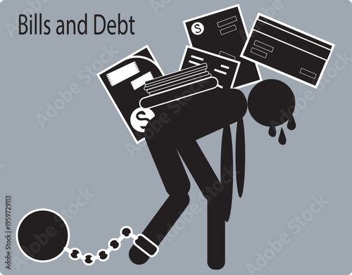 Debt crisis scene with person chained to financial burden struggling under bills loans and money pressure