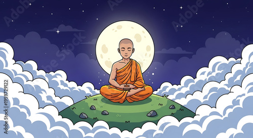 A serene Buddhist monk meditating on a cloud under a full moon