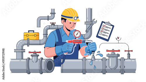 Plumber at Work: A skilled plumber inspects and repairs a complex network of pipes, ensuring the smooth flow and functionality of a system with tools, diagrams and hardhat. 
