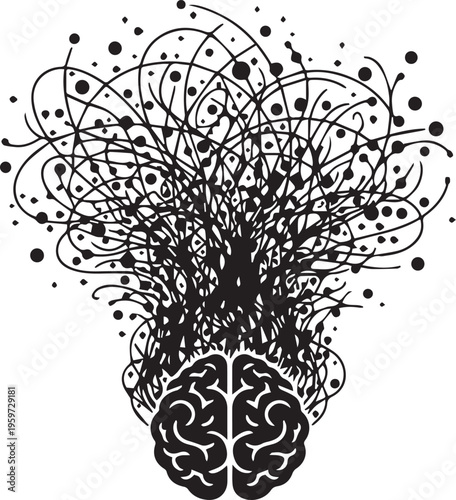 Abstract illustration of human brain with chaotic tangled lines representing mental health issues anxiety and cognitive overload