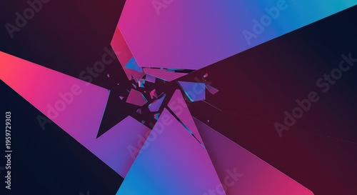 A sharp, fractured background composition of overlapping geometric shapes and bright colors suggesting chaos and deconstruction, disruption, shadow, composition