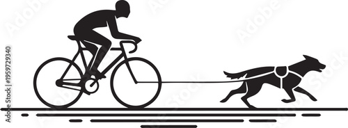 Canicross cyclist pulling by dog icon or silhouette against transparent background showing man on bicycle and running dog