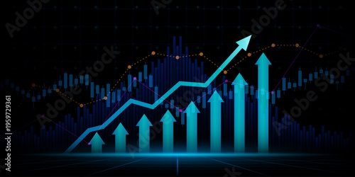 moving up arrow financial chart with stock market graph on blue color background