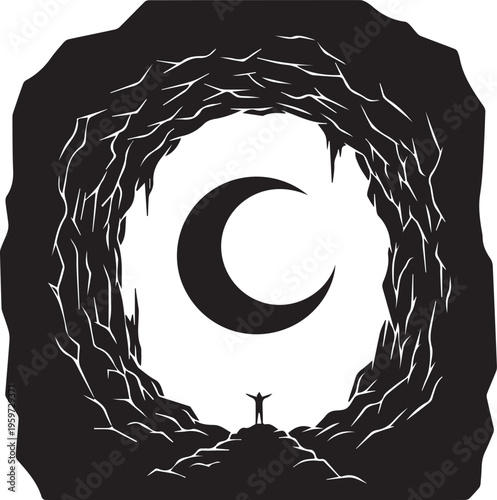 Silhouette man stands cave entrance arms outstretched looking at crescent moon in dark night sky abstract view