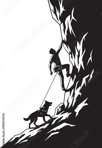 Rock climber silhouette ascending steep mountain cliff with dog companion adventure sports and outdoor hiking extreme challenges