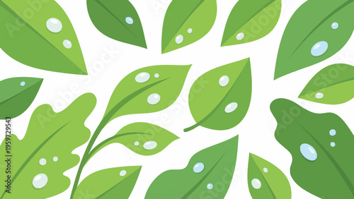 Green Leaves with Glistening Water Drops on White Background