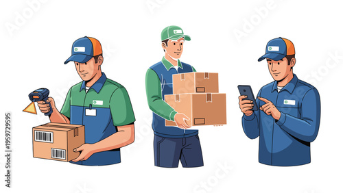 Delivery Workers at Work: Illustrative depiction of delivery personnel, each diligently engaged in parcel scanning, transporting packages, and employing a smartphone for efficient logistics.