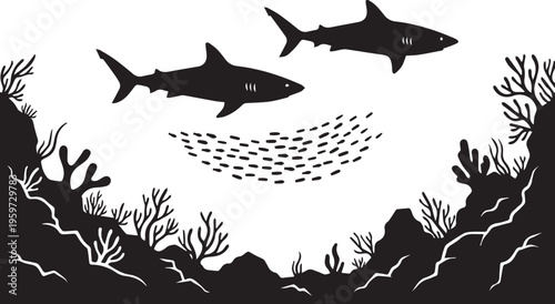 Two sharks swimming over school of fish in coral reef environment silhouette vector for marine biology and sea life illustrations