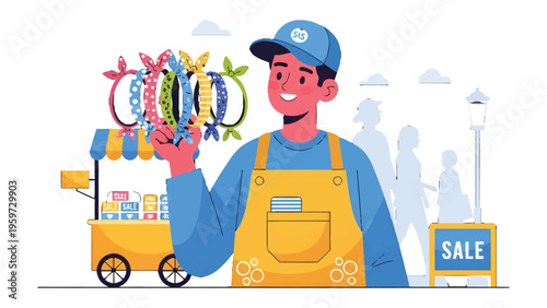 Street Vendor with Merchandise: A vendor stands proudly next to their cart filled with colorful accessories, attracting potential customers.