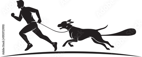 Energetic man jogging with his dog on leash, both in motion, showing healthy lifestyle and companionship