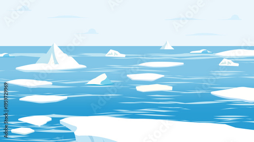 Arctic Ocean Landscape with Floating Icebergs Vector Illustration..