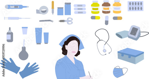 Medical set with nurse and healthcare tools