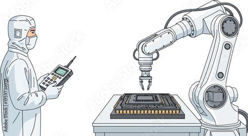 Industrial robot automation with operator factory technology vector illustration