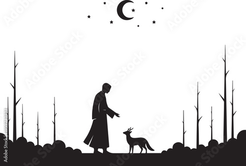 A solitary figure stands with fox in a serene forest, silhouetted against a transparent night sky with moon and stars