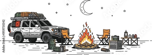 Camping night scene with car campfire outdoor adventure vector illustration
