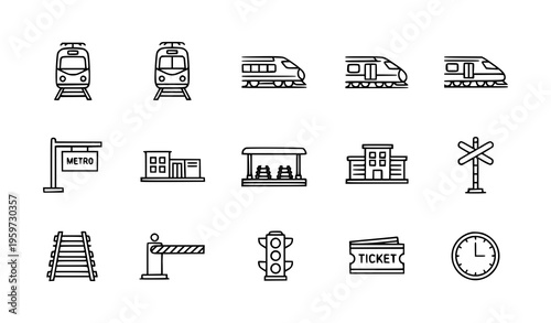 Thin line train and railway icon set with transportation symbols tracks station and metro elements vector
