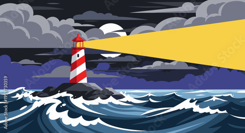 Lighthouse Shining Light on Rocky Coast.