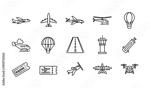 Thin line aviation icon set with airplanes helicopter hot air balloon parachute and airport symbols vector