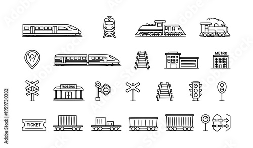 Outline train transportation icon pack with railway tracks metro locomotives and travel symbols vector