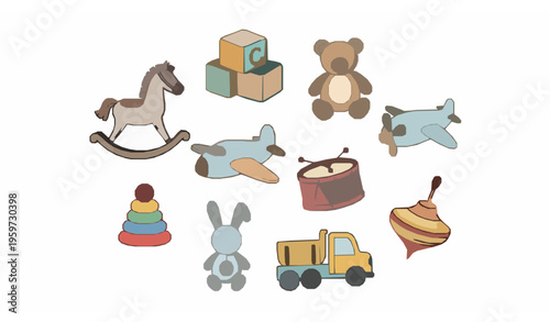 Hand drawn nursery toy icons with teddy bear rocking horse blocks and playful childhood symbols vector