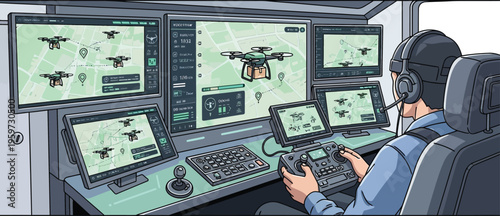 Drone control station operator monitoring multiple screens aerial surveillance flat vector