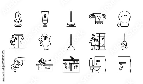 Minimal outline cleaning service icons with sanitation tools kitchen bathroom and maintenance symbols vector