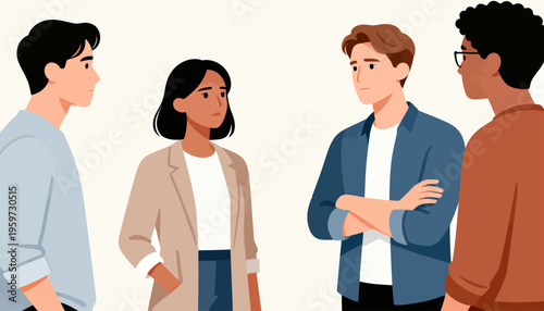 Four people converse in a neutral, modern setting. One person stands with arms crossed, suggesting skepticism. Another listens intently, showing engagement