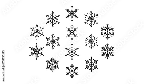 Minimal geometric snowflake icon set with elegant winter Christmas decoration symbols vector