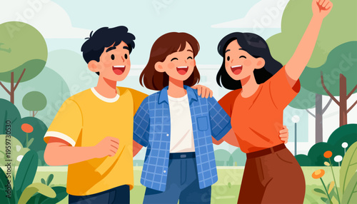 Three friends laugh joyfully in a sunny park. One friend raises their arm in celebration. Trees and bushes frame their happy gathering. Their smiles radiate warmth and shared joy