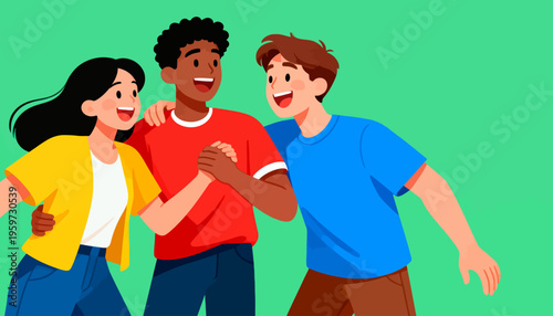 Three friends laugh together, arms around each other. They smile broadly, showing joy and connection. Their vibrant clothes stand out against a solid green background. Perfect for themes of friendship
