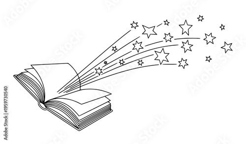 Open book with radiant light beams and flying stars representing imagination education and knowledge concept vector
