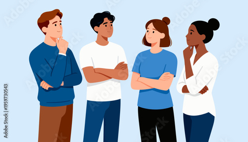 Four diverse individuals stand in thoughtful poses. They appear curious or contemplative, each with unique body language. Their expressions suggest discussion or decision-making