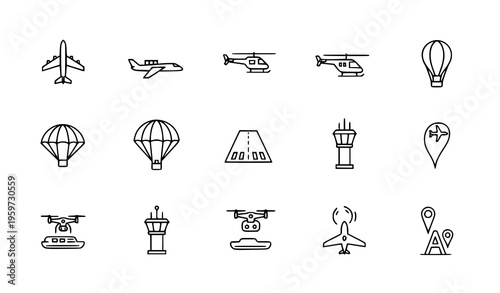 Outline aviation icon pack with airplanes helicopter parachute balloon and air travel symbols vector