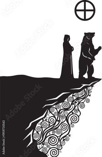 Mysterious figures and bear on cliff edge under ancient symbol representing shamanism and primal nature
