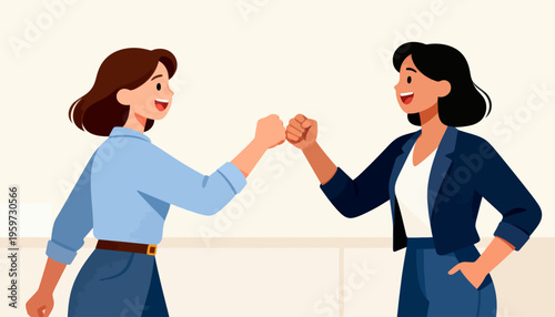 Two women cheerfully fist bump, smiling broadly. Their joyful expressions show mutual encouragement and success. Bright, clean style fits workplace, team, or celebration scenes